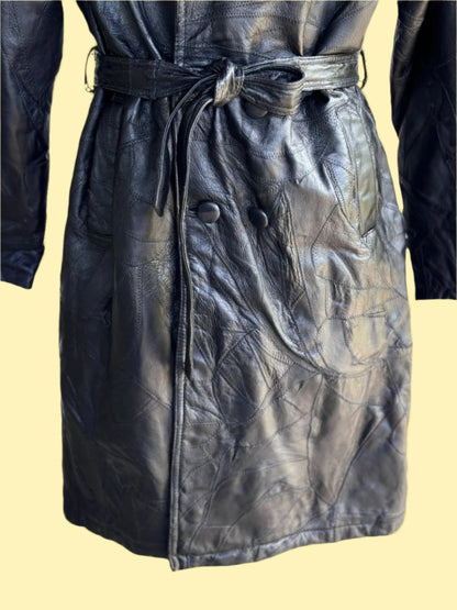 1990s vintage black double breasted patched leather coat