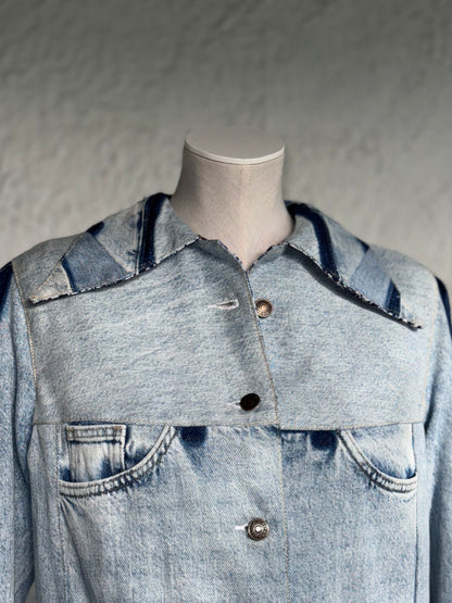 cropped patched denim jacket by KIOKU Studio close up