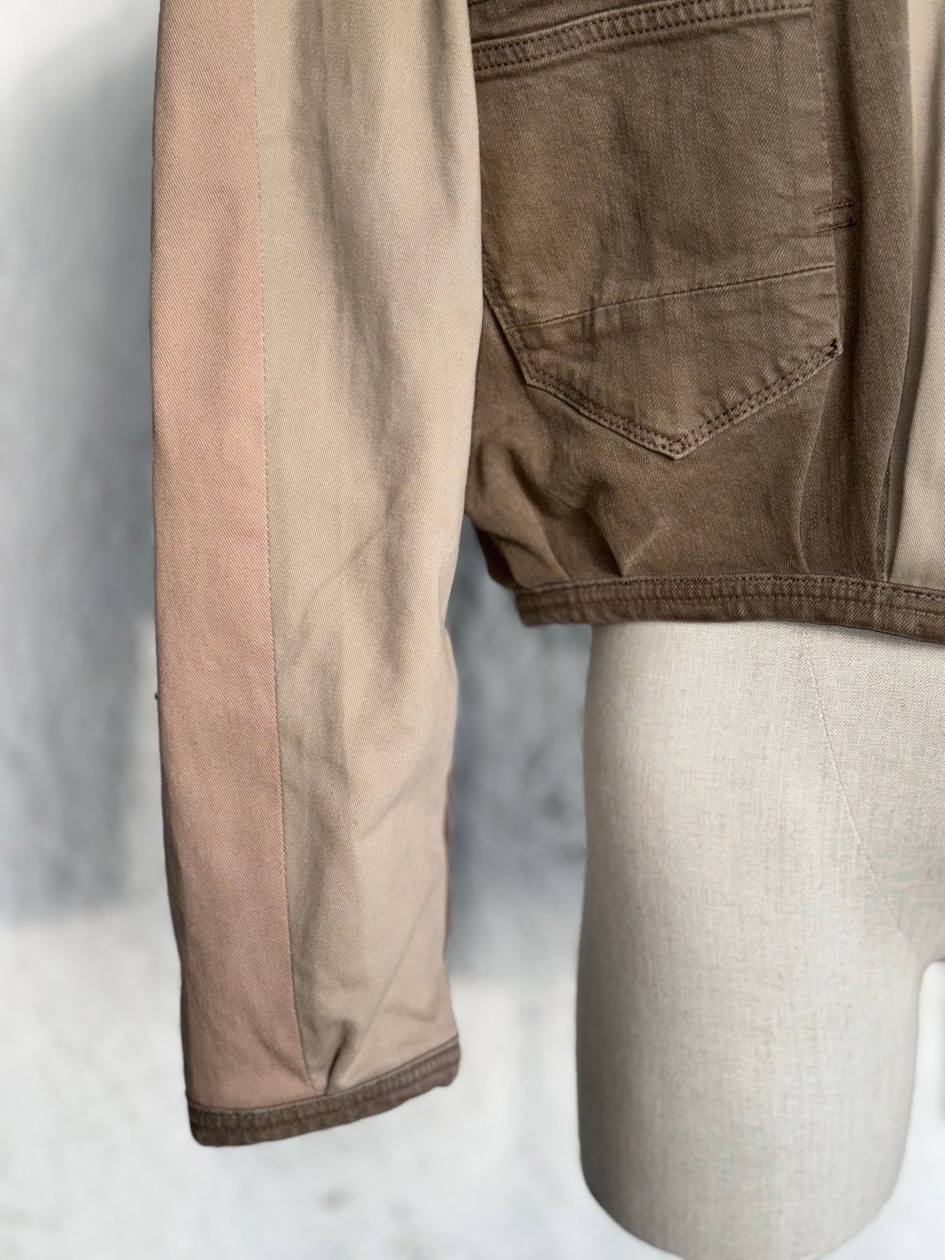 Beige & brown denim patchwork jacket by KIOKU Studio close up