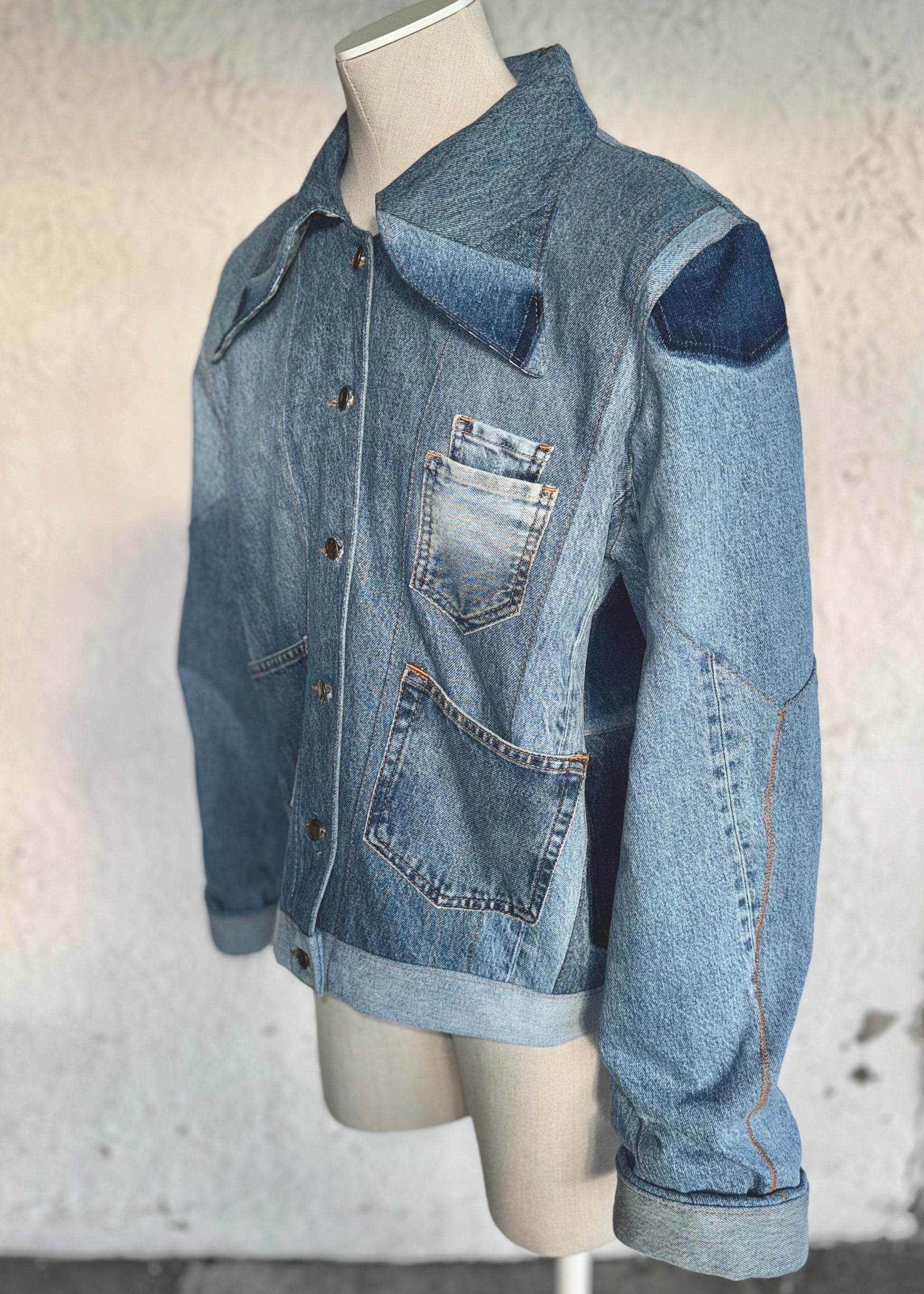 One of a kind blue denim jacket by KIOKU Studio 