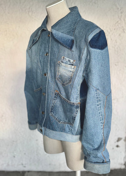 One of a kind blue denim jacket by KIOKU Studio 