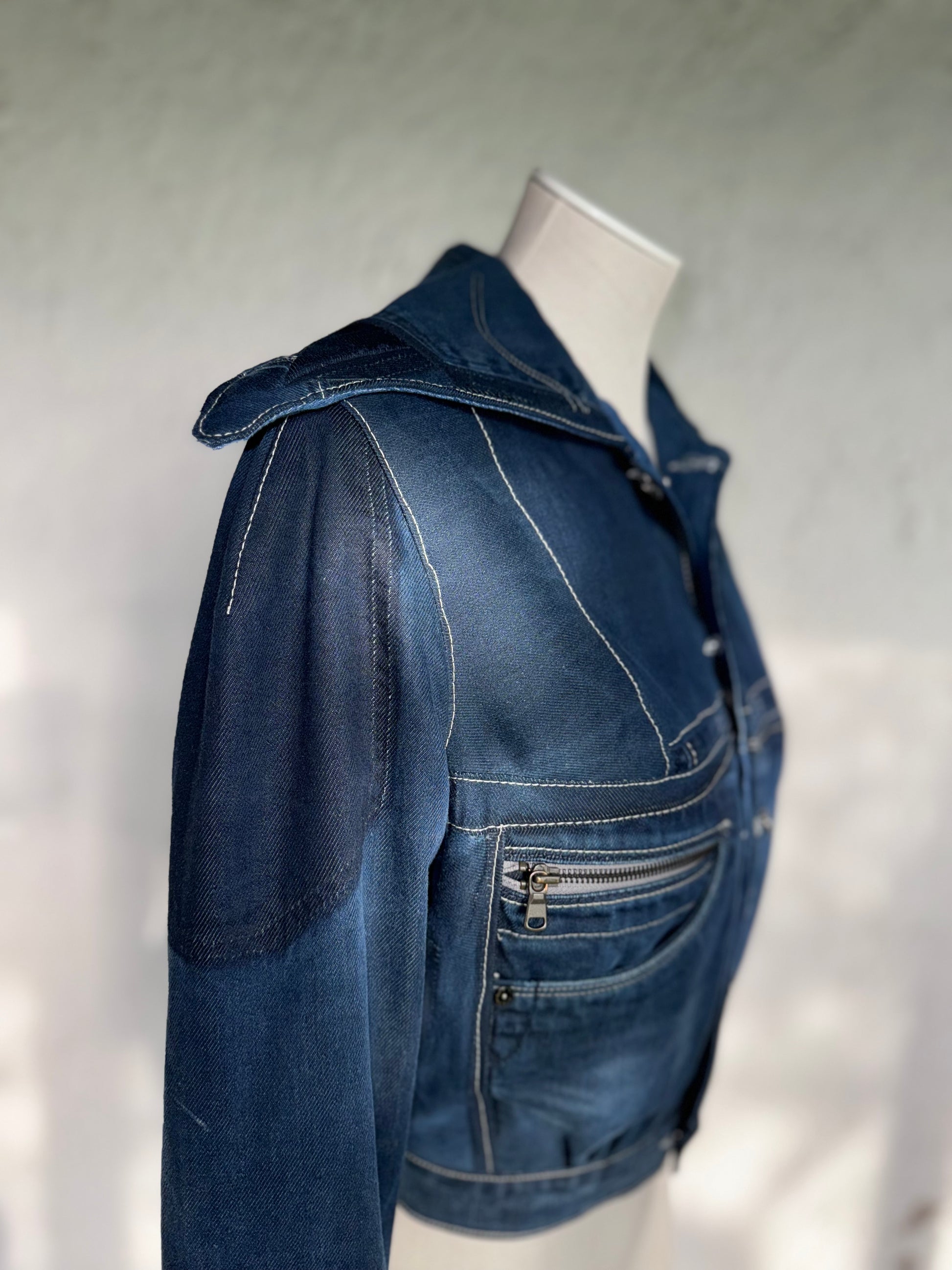 dark blue reversible cropped denim jacket by KIOKU Studio side view