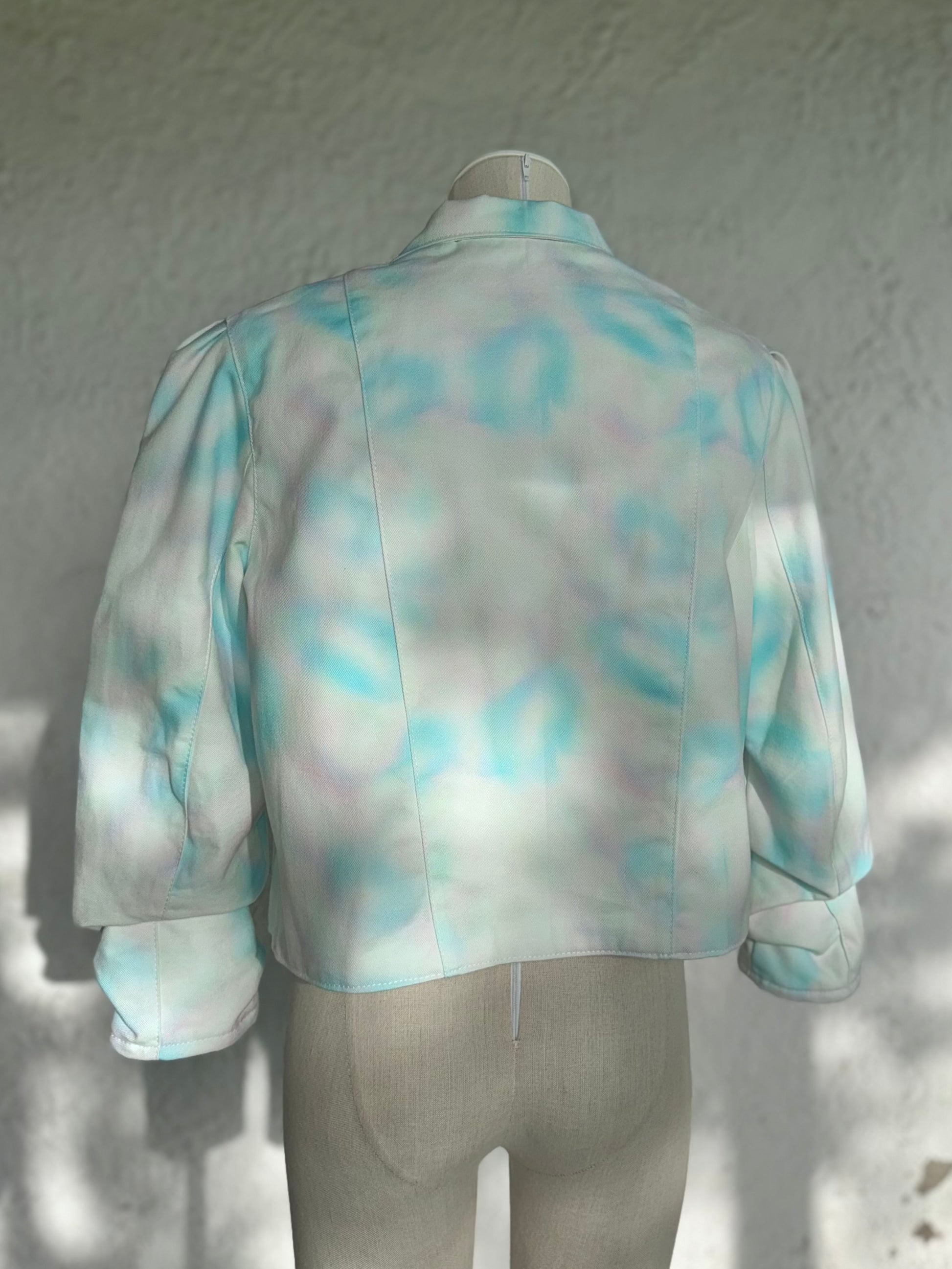 aqua blue spotted white denim jacket by KIOKU Studio back view