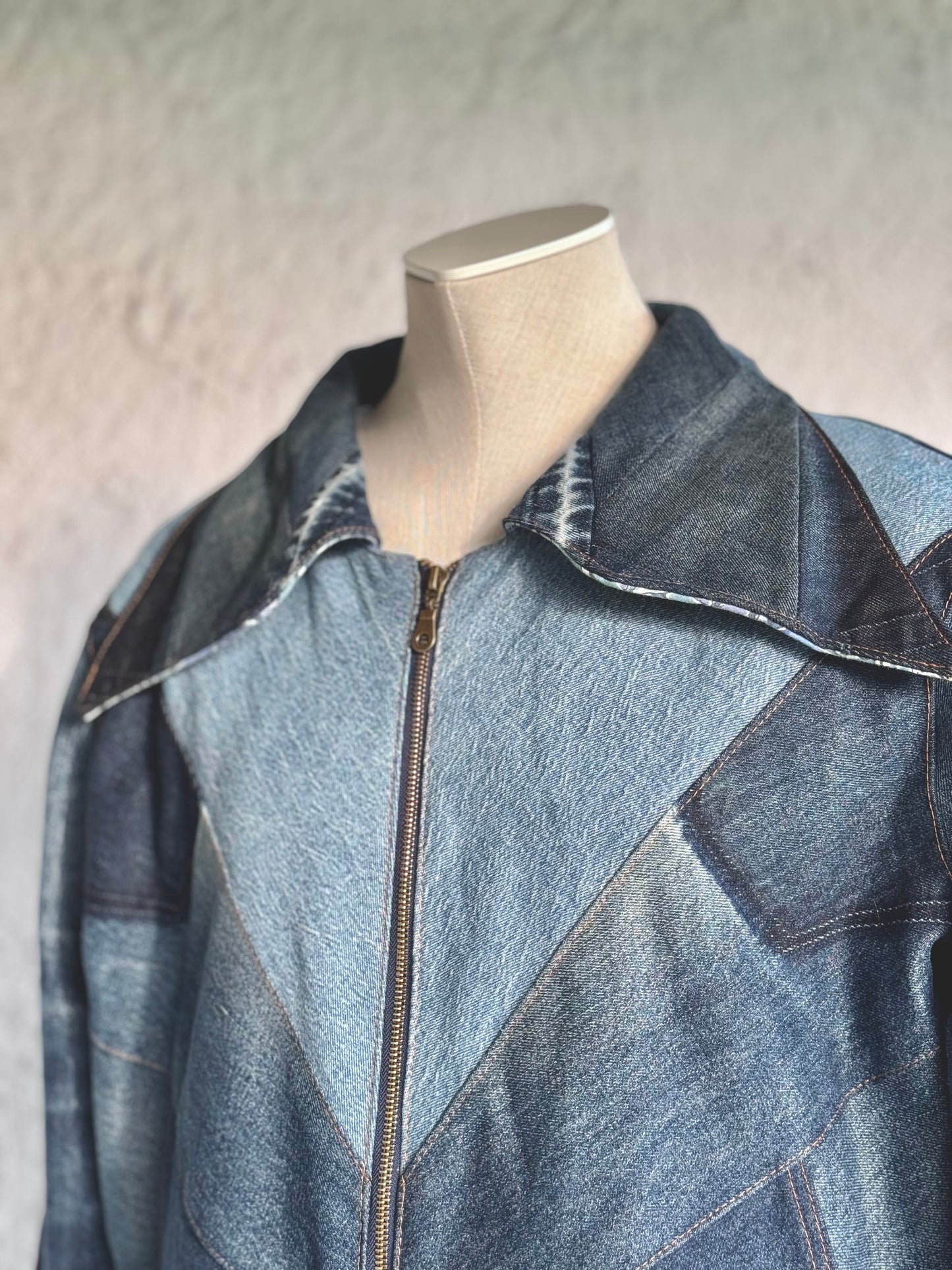 Ombre denim patchwork jacket by KIOKU Studio close up