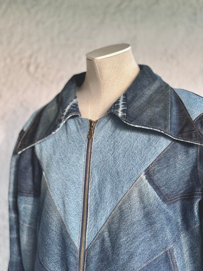 Ombre denim patchwork jacket by KIOKU Studio close up