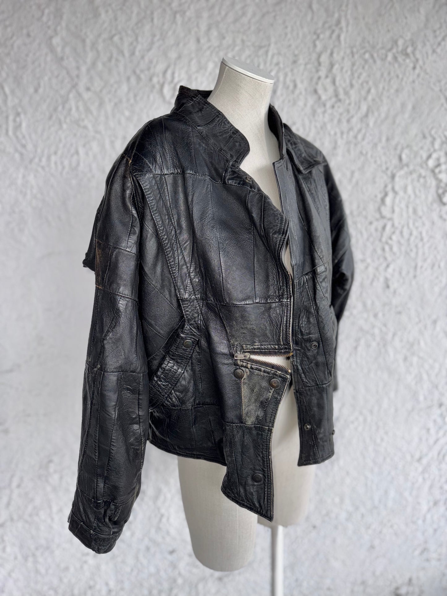 1980s vintage black patchwork leather jacket • esra
